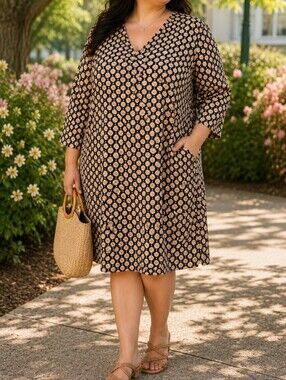Gozzip NWT Black & Cream Printed Shift Dress Plus Size Boho Relaxed Long Sleeve